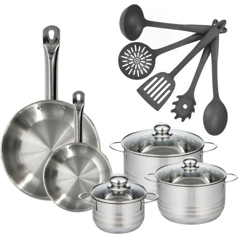 Set 2 poêles 20 et 28 cm en inox, 3 faitouts inox 16, 20 et 24 cm et 5 ustensiles Fackelmann Eterna (1/5)