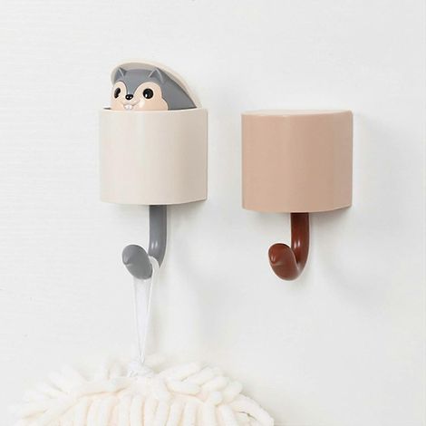 Lot de 2 crochets muraux créatifs en forme d'écureuil pour clés, crochets muraux mignons pour suspendre les manteaux des enfants, crochets adhésifs pour serviettes de douche (1/4)