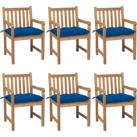 Chaises de jardin lot de 6 et coussins bleu Bois de teck solide (1/5)