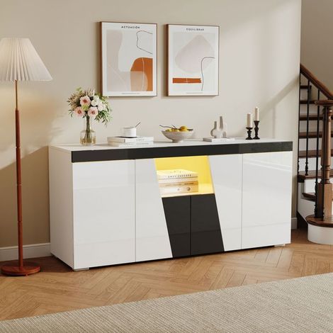Buffet salon 140x40x70, grand rangement Buffet salle à manger, 4 portes, design incliné noir blanc, LED intégrées (1/5)