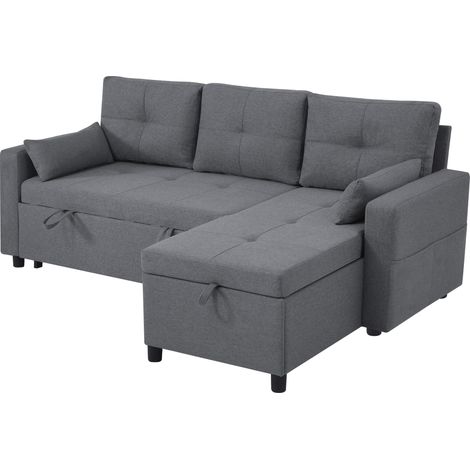 Sofá Cama en L Modular de 3-4 Plazas con Chaise Longue Reversible, Almacenaje y Portavasos, Lino Gris (1/5)
