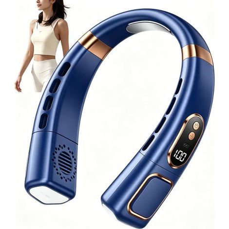BelleRise - Ventilateur de cou portable – Silencieux, rechargeable, 5 vitesses – Ventilateur tour de cou avec écran LED (Bleu) (1/5)