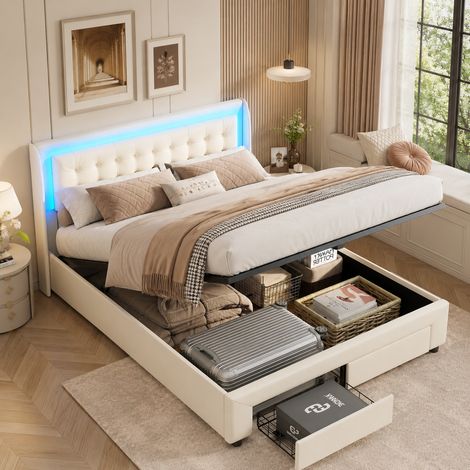 Lit Coffre 160x200 cm avec 2 Tiroirs, Lit Double avec LED RGB, Tête de Lit Capitonnée, Grand Rangement Hydraulique, pour Adultes et Adolescents, Velours Beige (1/5)