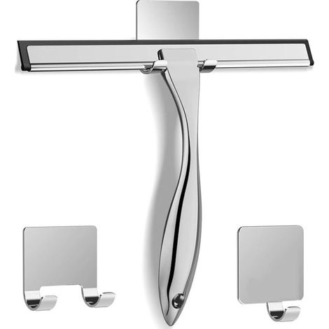 Duschabzieher aus Edelstahl, 25 cm, mit Haken, Duschfensterabzieher, austauschbarer Silikon-Duschabzieher für Glas, Spiegel, Fliesen und Küche – Silber (1/4)