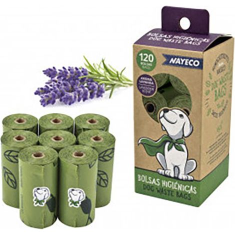 Confezione da 8 rotoli di sacchetti igienici Nayeco all'aroma di lavanda (1/3)
