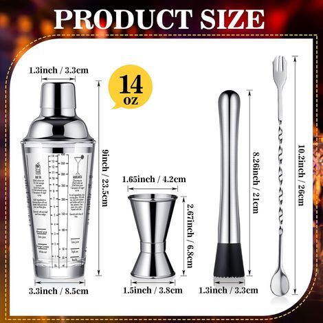 Ensemble shaker à cocktails 4 pièces, verre à Martini 414 ml, shaker, cadeau de Noël, shaker en acier inoxydable, kit de barman pour margaritas, accessoires pour cocktails avec doseur et cuillère dose (1/5)