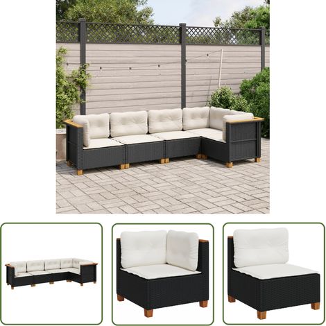 The Living Store Salon de jardin 5 pcs avec coussins noir résine tressée - Salon De Jardin - Canapé Extérieur - Meuble De Jardin - Set Salon De Jardin - Résine Tressée (1/5)