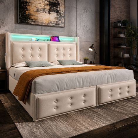 MEUBLIV Letto 180x200 cm beige – LED, USB-C, 4 cassetti, senza materasso (1/5)