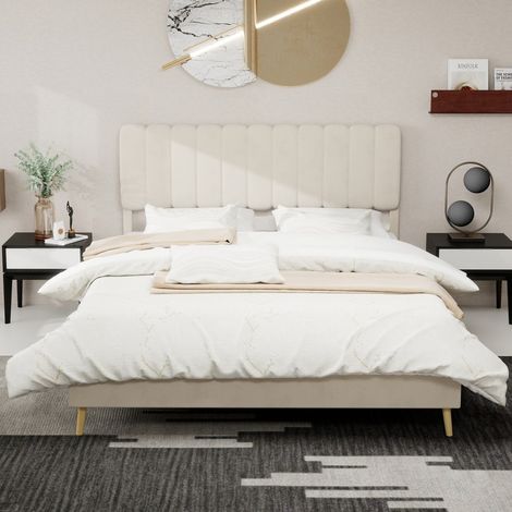 Lit 160x200cm - Lit Double Rembourré 160x200 - Tête de Lit Moelleuse Velours - Structure Stable - Style Minimaliste - Beige (1/5)
