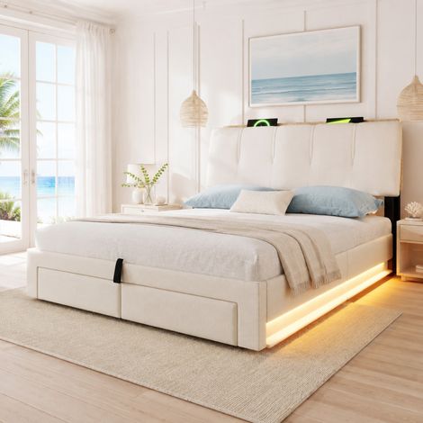 Letto imbottito con contenitore 140x200 cm beige con USB-C, LED e cassettone idraulico (1/5)
