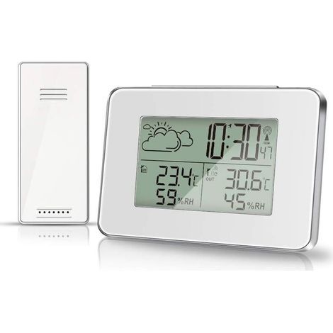 Station météo sans fil avec hygromètre pour thermomètre intérieur et extérieur, capteur extérieur, écran LCD, moniteur numérique de température et d'humidité avec rétroéclairage (blanc) (1/4)