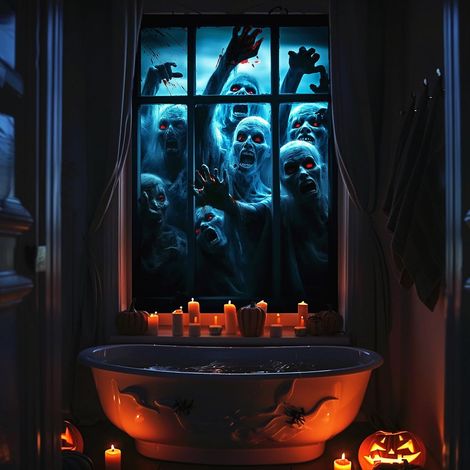 Bannière en tissu effrayante pour fenêtre et porte d'Halloween – Affiche rideau sinistre pour décoration de fête intérieure/extérieure (1/5)
