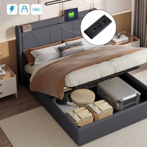 Polsterbett 160x200 cm für Erwachsene - Doppelbett mit Bettkasten, USB- und Type-C-Anschlüssen sowie hydraulischem Stauraum - Leinen - Grau