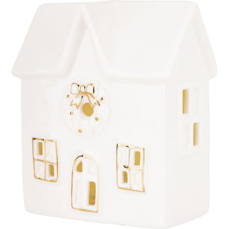 Figurine de maison LED en céramique blanche et dorée, lanterne de village de Noël (1/5)