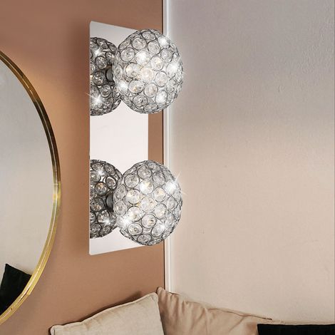 Wandleuchte 2-Flammig Wandlampe Wohnzimmerleuchte Kristallleuchte Kugeln Chrom, klar, 2x G9 Fassungen, LxBxH 29x11x12 cm