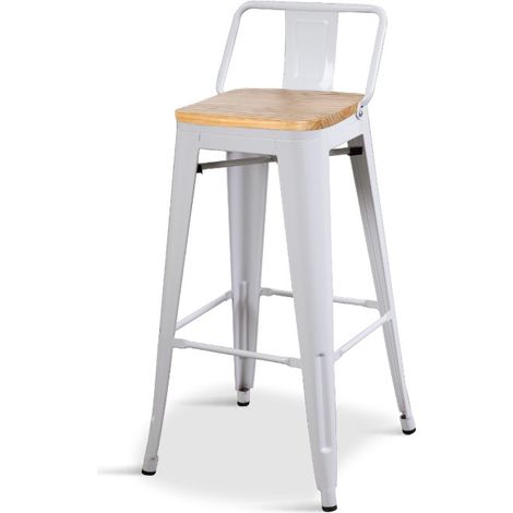 Taburete de estilo industrial blanco mate y asiento de madera clara - Altura 76 cm