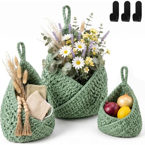 Lot de 3 paniers suspendus pour fruits en filet tressé, rangement mural pour cuisine, corbeilles à fruits avec 3 crochets, organisateur pratique pour fruits, légumes et accessoires (1/4)
