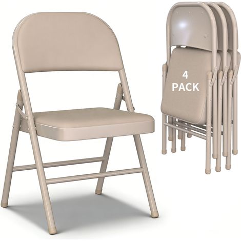 Set of 4 Portable Indoor Folding Chairs Faux Leather Dining Chairs with Metal Frame and Padded Seat Suitable for Home Office Reception Areas Guest Seating and Large Events Max. 145kg Beige