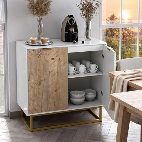 Sideboard mit Stauraum – Geometrische Holzoptik-Front – 2 Türen – Goldfarbene Metallbeine – 80 × 40 × 80,8 cm – Home Nature Wohnkonzept (1/5)