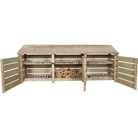 Slatted wooden log store with door and kindling shelf W-335cm, H-126cm, D-88cm - natural (light green) finish (1/4)