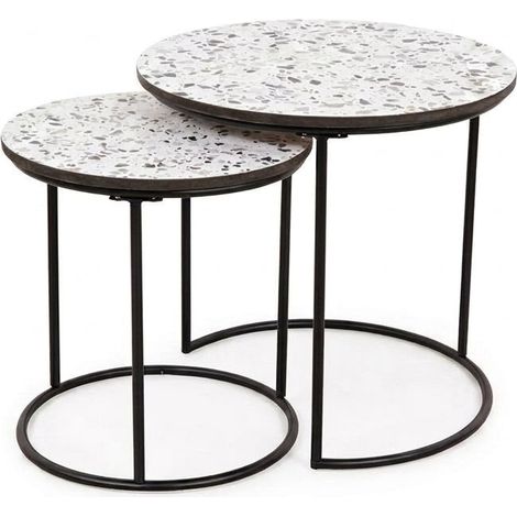 Set 2 Tavolini Tondi Design Moderno Bianco Nero Graniglia Soggiorno Venice (1/5)