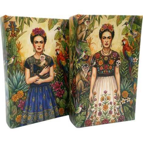 Set de 2 cajas libro de madera con flores estilo Frida 17 cm (1/4)