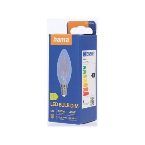 AMPOULE FILA. LED, E14, 470M REMP. 40W, BGIE C35, TRS., BLC NTRE, RGL. HAMA (1/3)