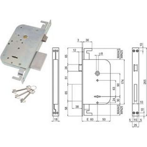1PZ SERRATURA TRIPLICE DA INFILARE D. MAPPA CON SCROCCO E CATENACCIO 600/3 - mm.60 (00600 30 60 3C 00)