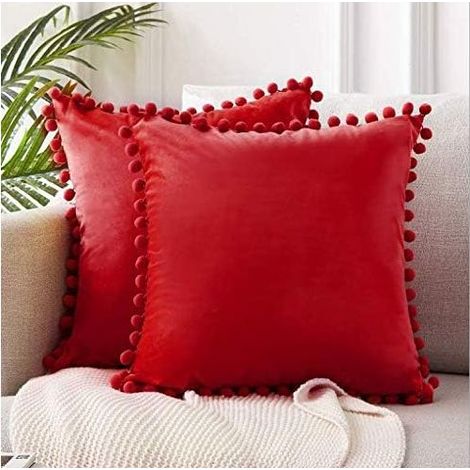 2 Pcs Housse de Coussin en Velours Taie d'oreiller Decorative Taie d'oreiller Boule de Fourrure de Couleur Pure Super Doux Maison Salon Chambre pour Canapé Taie d'oreiller (Gros Rouge) (1/5)