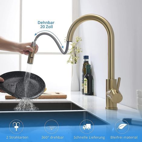 Küchenarmatur in gebürstetem Gold mit ausziehbarer Brause. 360° schwenkbare Küchenarmatur für Küchenspülen-Mischbatterien. (1/4)