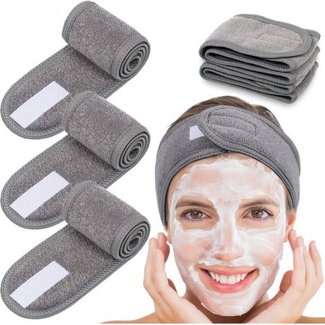 Lot de 2 bandeaux visage en tissu élastique, serviette pour bain, maquillage et sport, gris (1/5)