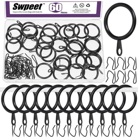 Kit assortimento di 60 anelli per tende in metallo nero con diametro interno di 25 mm/1", ganci a perno, anelli scorrevoli in metallo per tende, per finestre, porte e tende da doccia. (1/5)