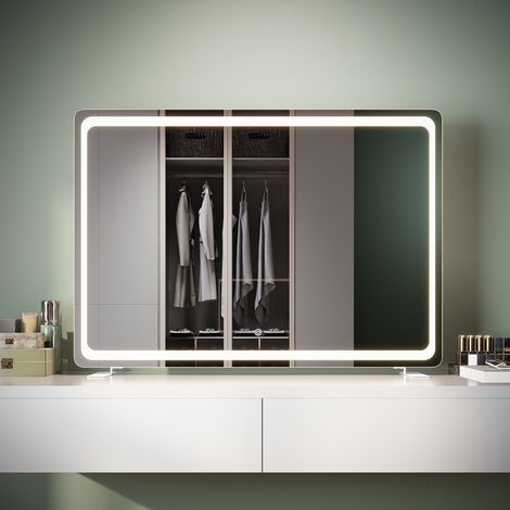 ELEGANT Modern Freestanding Mirrors with Memory Function 3 Colors of Light Modes Dimmable Brightness and Built-In Socket, Touch Switch, Wall-mounted or Desktop, 1000 x 700 x 35mm (1/5)