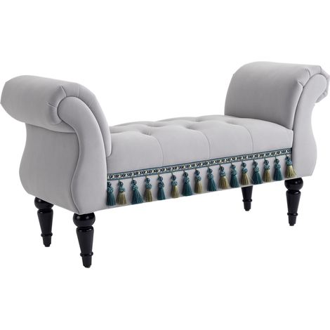 Panca imbottita Irovami con rivestimento in velluto, lettino con braccioli e struttura in legno, panca porta scarpe per camera da letto, soggiorno, ingresso, 117 x 40 x 58 cm, Grigio chiaro