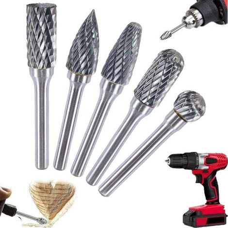 5 pièces 6mm tige 10mm tête carbure de tungstène Double coupe ensemble de fraises rotatives pour le travail du bois gravure meuleuse sculpture ensemble de fraises (1/4)