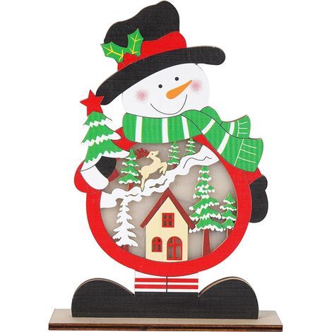 Décor De Noël En Bois - Bonhomme De Neige Sur Pied Avec Maison Dans L Arbre Et Écharpe - Décoration Hivernale Pour Intérieur Bureau Salon - 1 Pièce (1/2)