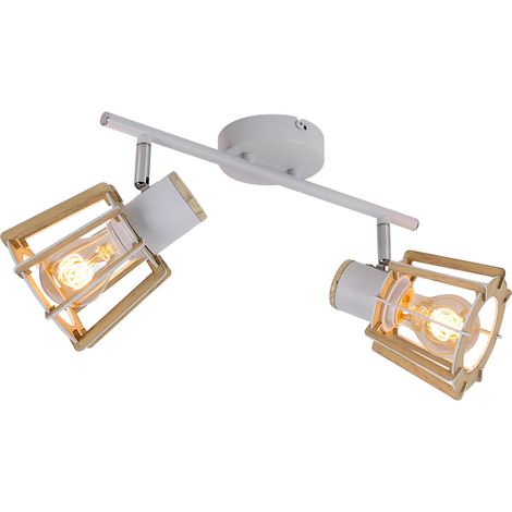 Deckenleuchte weiss Deckenstrahler Holz Spotlampen für Decke, 2 flammig Spots beweglich, Landhausstil Holzoptik Metall weiß natur, 2x E27 Fassungen, LxBxH 36x17x18cm