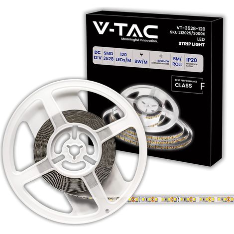 V-TAC Striscia Led da Interno 8W SMD 3528-5 Metri - Striscia LED Adesiva per Casa, Cucina, Camera, Ambienti Interni - Luce Bianca Calda 3000K - Strisce LED Luminosità 800 Lumen - Alimentata 12V (1/5)