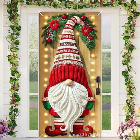 Arrière-plan de porte/Fenêtre Décoratif 90x180cm en Polyester avec Oeillets et Rubans - Motifs Fête (Gnome, Bonhomme de Neige, Poinsettia) (1/2)