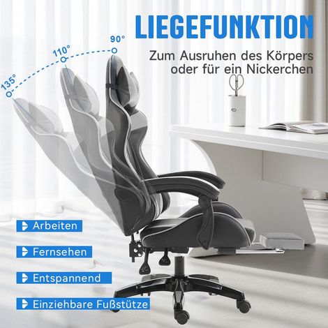 Gaming-Stuhl Gaming Sessel Höhenverstellbar Bürostuhl mit Verstellbar Liegefunktion,mit Katzenohren en Kopfkissen mit Lendenwirbelstütze en Fußstütze (1/5)