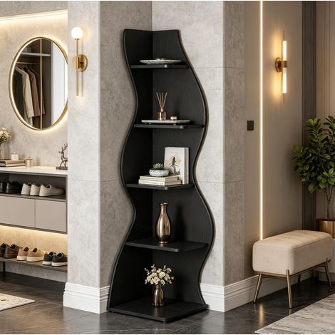 Scaffale angolare da terra a 5 ripiani in legno nero 50 x 50 x 182,5 cm OKWISH (1/5)