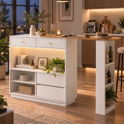 Îlot de cuisine 120x30x100 cm avec rangement, table bar pivotante 360° avec LED, tiroirs, portes coulissantes et étagères - Blanc (1/5)