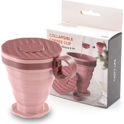 Mug de voyage pliable avec couvercle – Tasse à café/eau – Silicone – Rose – (1/5)