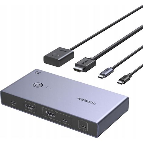 Conmutador KVM para 2 ordenadores y 1 monitor, USB-C, HDMI, 4K, 60 Hz - Gris