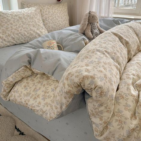 Bettwäsche-Set 135x200cm 2-teilig, Mikrofaser, Blumenmuster, Hellbraun/Graublau