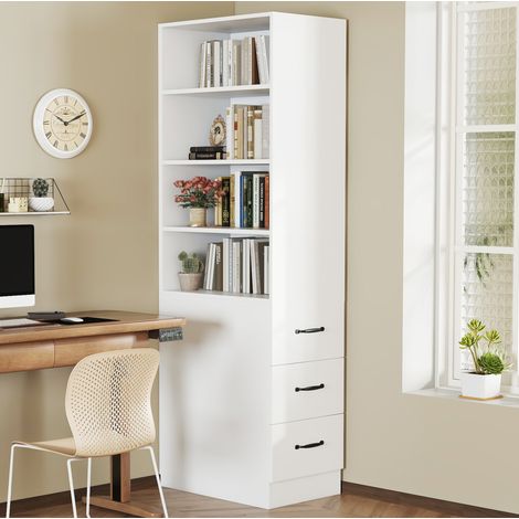 Regal aus Spanplatte in Weiß 60 x 38 x 180 cm mit 4 Fächern, 2 höhenverstellbaren Böden und 3 Seitenschubladen (1/5)