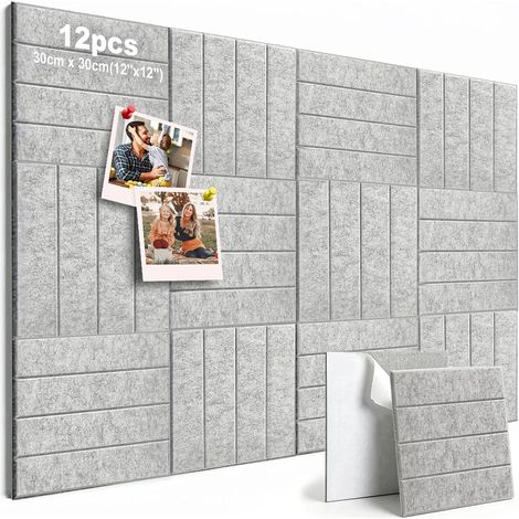 Lot de 12 Tableau en Feutre 30x30cm Auto Adhésif 3D Panneaux Acoustiques Muraux Carré Dalles de Feutre Mémo Isolation Phonique avec Punaises pour Bureau École et Maison Déco Murale - Gris (1/5)