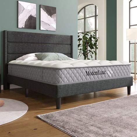 Lit capitonné 140x200, design moderne lit double, tête de lit rembourrée, sommier inclus, matelas 7 zones (1/5)