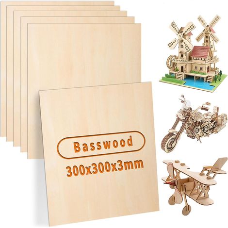 Contreplaqué 3mm Feuilles de Bois de Tilleul 30 x 30cm Lot de 6 Contreplaqué, pour Pyrogravure DIY, Bois pour Gravure Laser, l'artisanat, le modélisme (1/5)