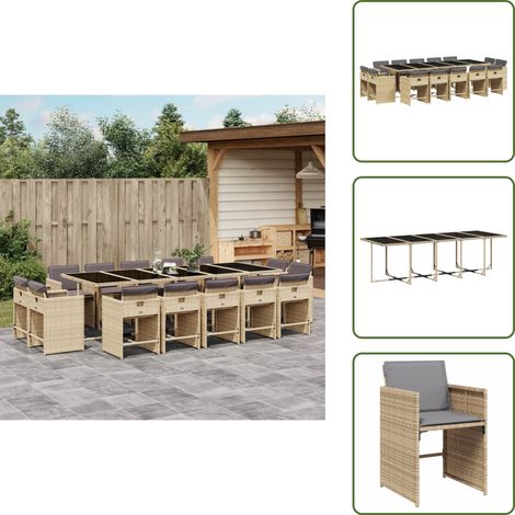 Mesa de jardín - vidaXL Set comedor de jardín con cojines 15 pzas ratán sintético beige - Ratán sintético
